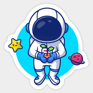 Astronaut Holding Plant In Space With Star And Planet Cartoon Sticker